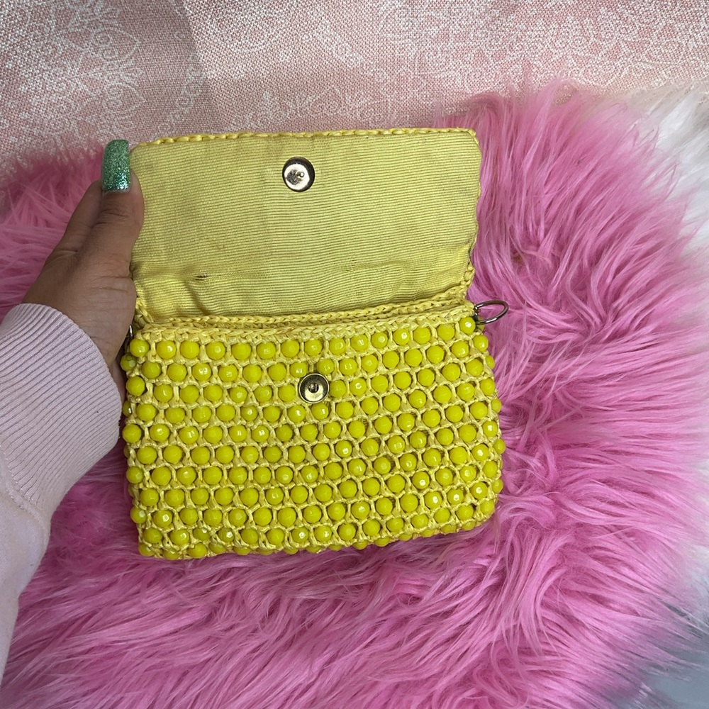 Mod Yellow Faceted Beaded Raffia Straw Purse - Picture 5 of 7